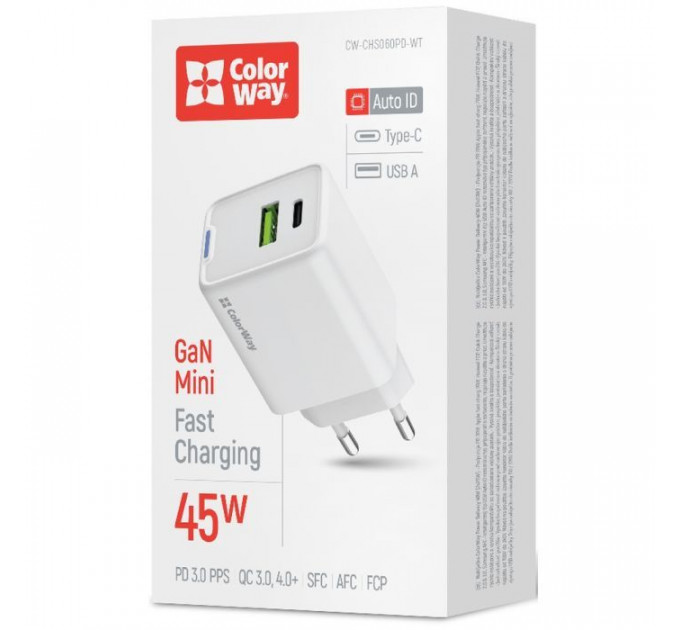 Зарядний пристрій ColorWay C101E GaN Mini 45W PD PPS USB-C + USB-A QC4.0 white (CW-CHS060PD-WT)