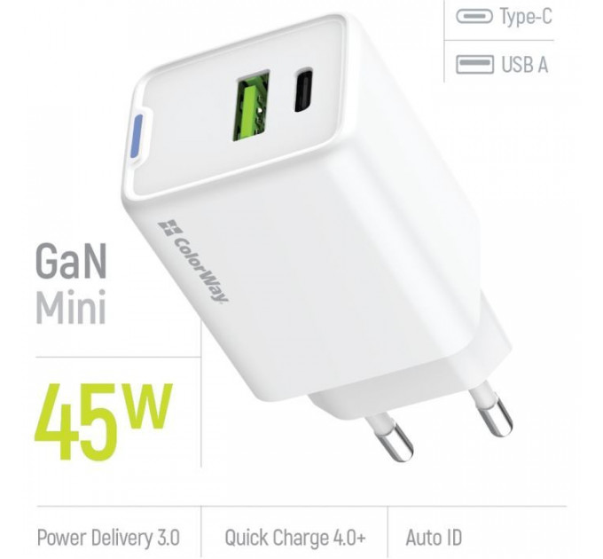 Зарядний пристрій ColorWay C101E GaN Mini 45W PD PPS USB-C + USB-A QC4.0 white (CW-CHS060PD-WT)