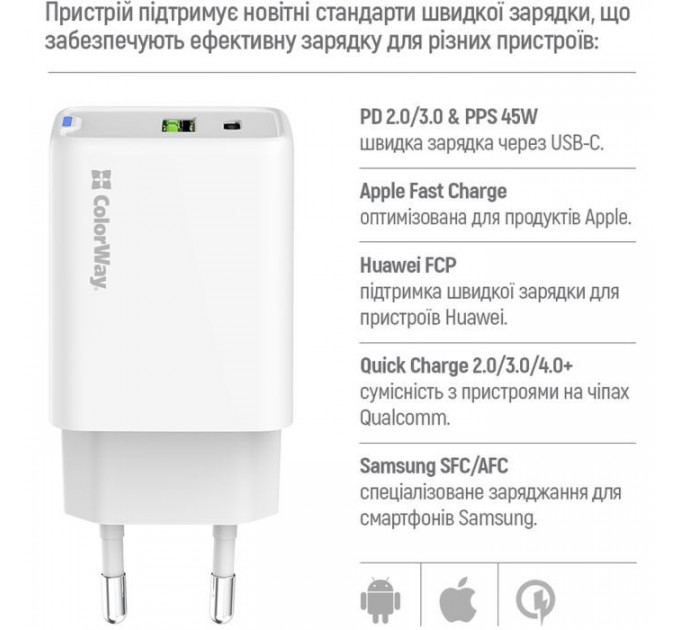 Зарядний пристрій ColorWay C101E GaN Mini 45W PD PPS USB-C + USB-A QC4.0 white (CW-CHS060PD-WT)