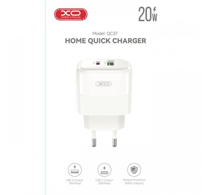 Зарядний пристрій XO 1xUSB QC3.0 + 1xUSB-C PD20W (XO-QC37)