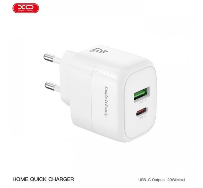 Зарядний пристрій XO 1xUSB QC3.0 + 1xUSB-C PD20W (XO-QC37)