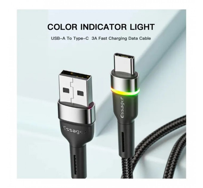 Дата кабель USB 2.0 AM to USB-C 1.0m 3A LED black Essager (EXCT-XCD01)