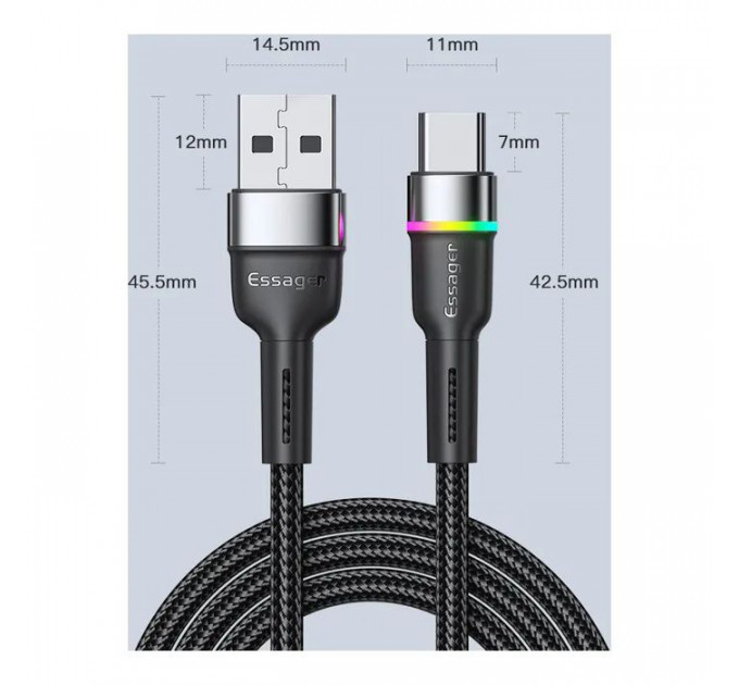 Дата кабель USB 2.0 AM to USB-C 1.0m 3A LED black Essager (EXCT-XCD01)