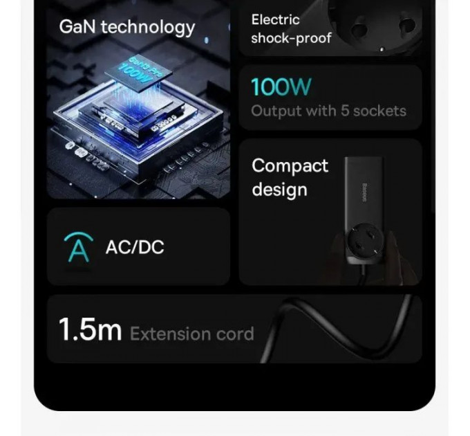 Зарядний пристрій Baseus AC + 2xUSB-C 100W + 2xUSB + cable USB-C to USB-C 100W 1.0m black (PSZM000401)