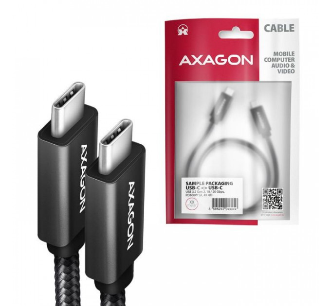 Дата кабель USB-C to USB-C 2.0m USB 3.2 Gen 2 PD 100W 5A 4K black AXAGON (BUCM32-CM20AB)