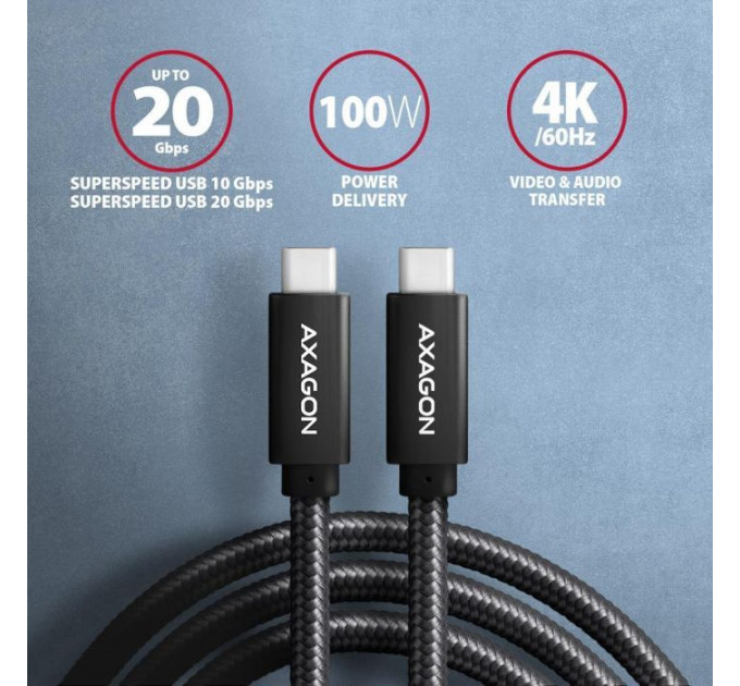 Дата кабель USB-C to USB-C 2.0m USB 3.2 Gen 2 PD 100W 5A 4K black AXAGON (BUCM32-CM20AB)