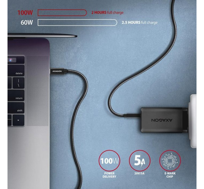 Дата кабель USB-C to USB-C 2.0m USB 3.2 Gen 2 PD 100W 5A 4K black AXAGON (BUCM32-CM20AB)