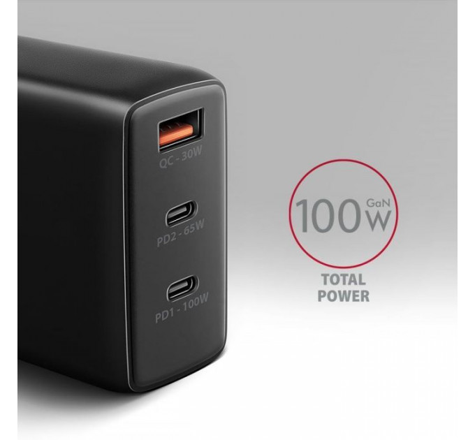 Зарядний пристрій AXAGON 1xUSB + 2xUSB-C 100W QC4+ PD3.0 PPS black (ACU-DPQ100)