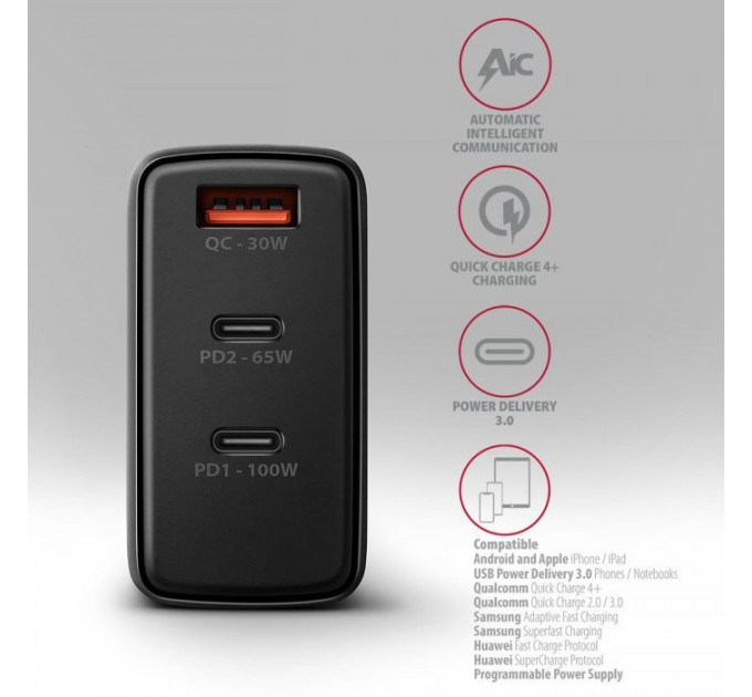 Зарядний пристрій AXAGON 1xUSB + 2xUSB-C 100W QC4+ PD3.0 PPS black (ACU-DPQ100)
