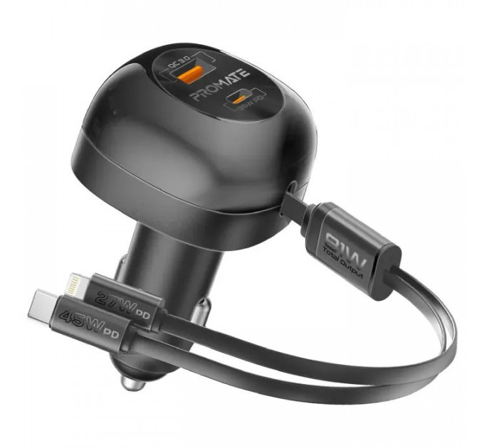 Зарядное устройство Promate 1xUSB-C PD + 1xUSB + cable USB-C\/Lightning max 81W black (powerdrive-rci81)