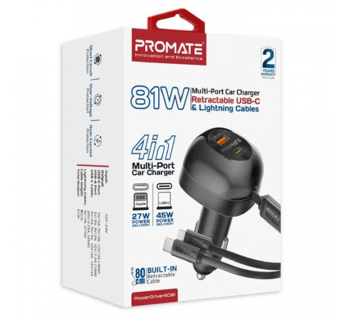 Зарядное устройство Promate 1xUSB-C PD + 1xUSB + cable USB-C\/Lightning max 81W black (powerdrive-rci81)
