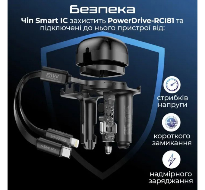 Зарядное устройство Promate 1xUSB-C PD + 1xUSB + cable USB-C\/Lightning max 81W black (powerdrive-rci81)