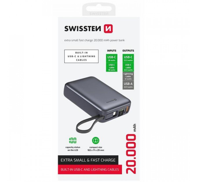 Батарея универсальная SWISSTEN 20000mAh SPACE 22\/5W PD QC w/built-in cables USB-C/LIGHTNING Silver (8595217490598)