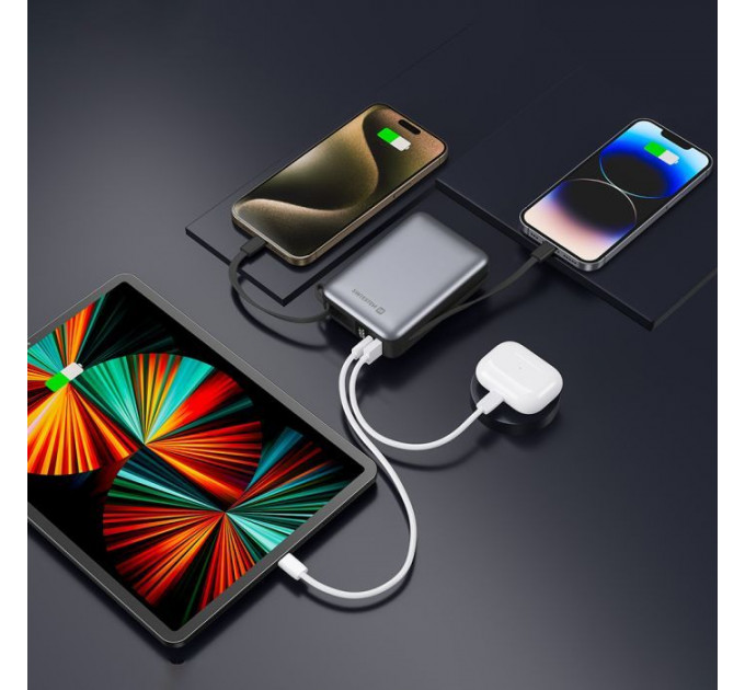 Батарея универсальная SWISSTEN 20000mAh SPACE 22\/5W PD QC w/built-in cables USB-C/LIGHTNING Silver (8595217490598)