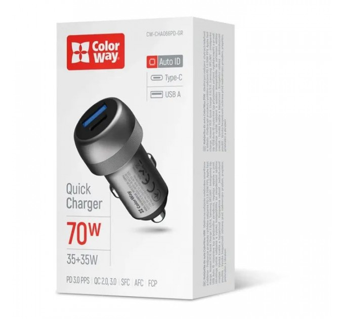 Зарядний пристрій ColorWay USB-C PD35W + USB QC3.0 car adapter (CW-CHA066PD-GR)