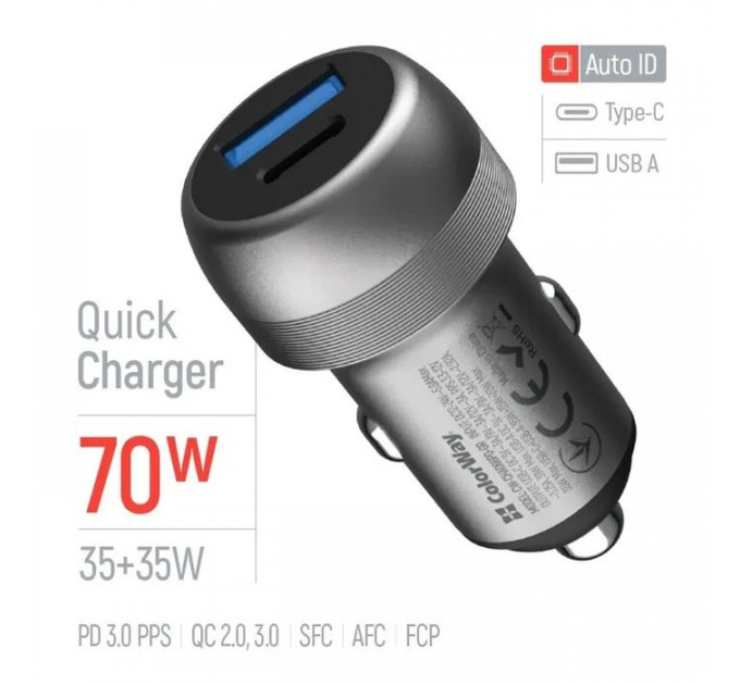 Зарядний пристрій ColorWay USB-C PD35W + USB QC3.0 car adapter (CW-CHA066PD-GR)