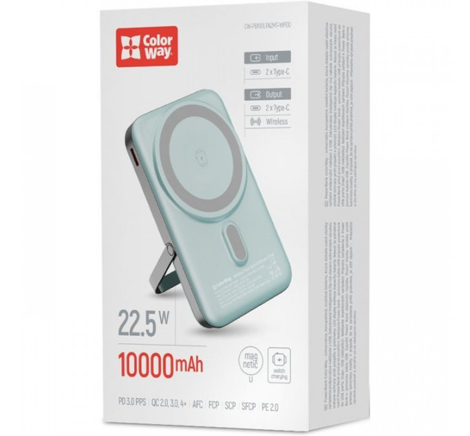 Батарея універсальна ColorWay 10 000 mAh PD\/22.5W, 15W MagSafe & Watch Wireless Aquamarine (CW-PB100LPA2MT-WPDD)