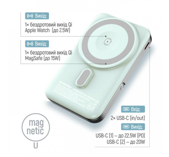 Батарея універсальна ColorWay 10 000 mAh PD\/22.5W, 15W MagSafe & Watch Wireless Aquamarine (CW-PB100LPA2MT-WPDD)