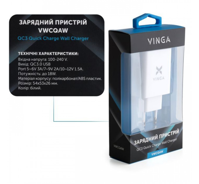 Зарядное устройство для Vinga QC3.0 Quick Wall Charger 1xUSB 18W Max (VWCQAW)