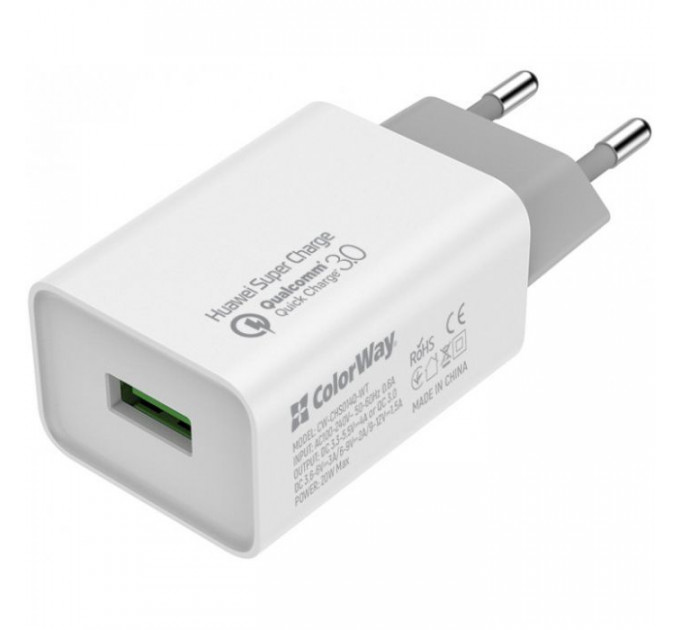 Зарядний пристрій ColorWay 1USB Huawei Super Charge\/Quick Charge 3.0, 4A (20W) (CW-CHS014Q-WT)