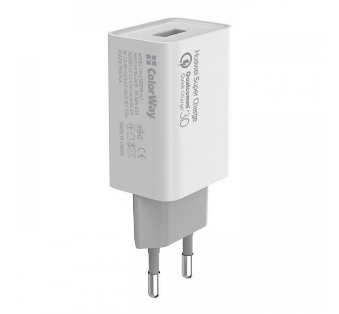 Зарядний пристрій ColorWay 1USB Huawei Super Charge\/Quick Charge 3.0, 4A (20W) (CW-CHS014Q-WT)