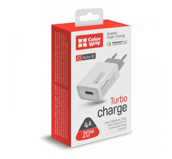 Зарядний пристрій ColorWay 1USB Huawei Super Charge\/Quick Charge 3.0, 4A (20W) (CW-CHS014Q-WT)