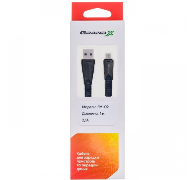 Дата кабель USB 2.0 AM to Micro 5P 1.0m black Grand-X (FM09)