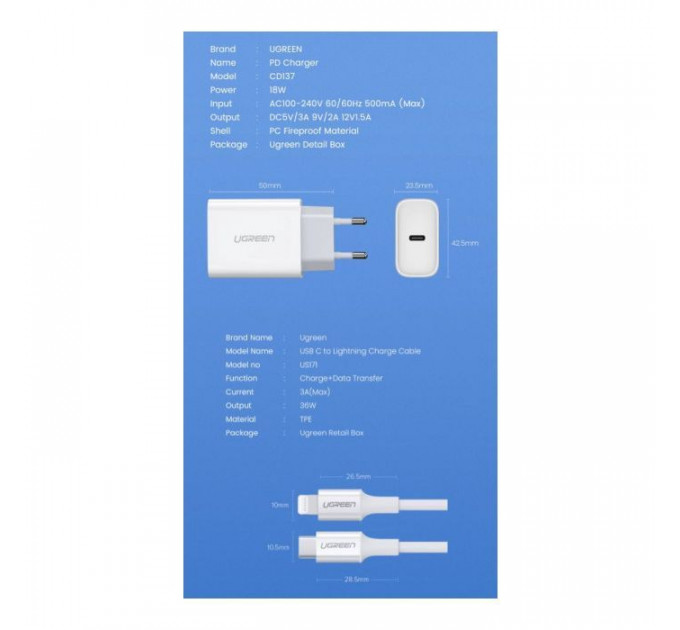 Зарядное устройство для Ugreen CD137 Type-C PD 20W Charger (White) (60450)
