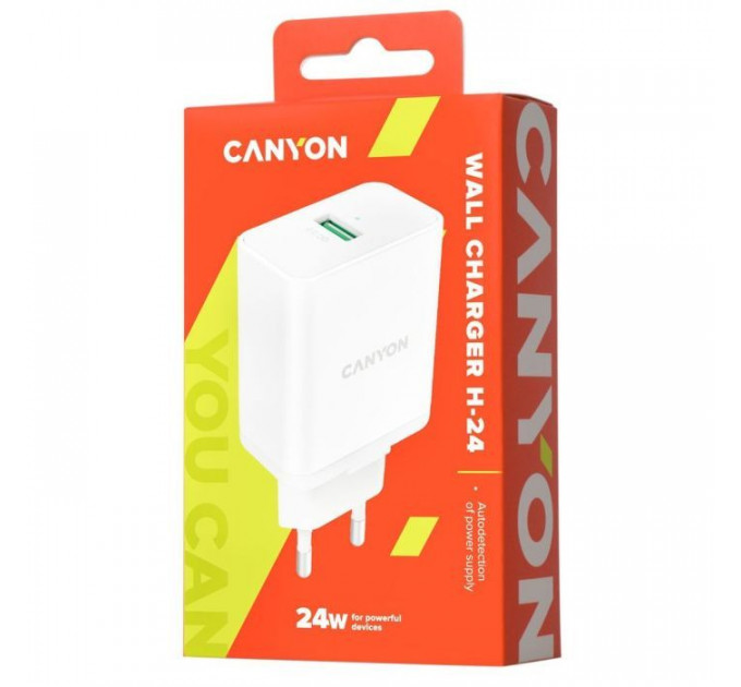Зарядний пристрій Canyon Wall charger with 1*USB, QC3.0 24W (CNE-CHA24W) Зарядний пристрій Canyon Wall charger with 1*USB, QC3.0 24W (CNE-CHA24W)