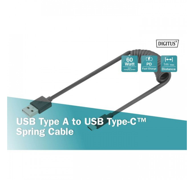 Дата кабель USB 2.0 AM to USB-C 1.0m (0.32m) spiral black Digitus (AK-300430-006-S)