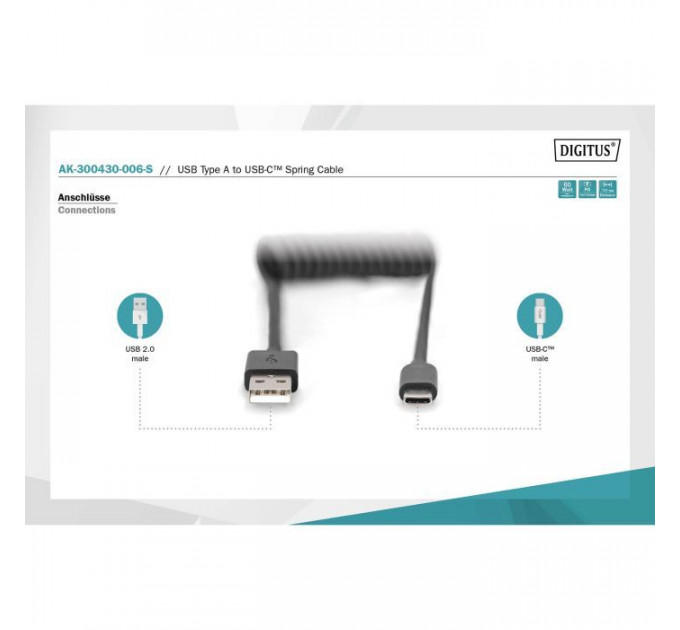 Дата кабель USB 2.0 AM to USB-C 1.0m (0.32m) spiral black Digitus (AK-300430-006-S)