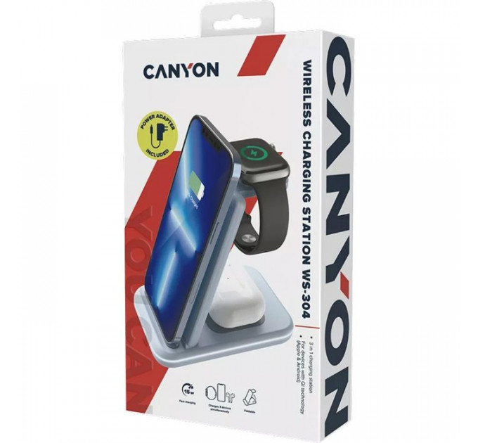 Зарядний пристрій Canyon WS-304 Foldable 3in1 Wireless charger Blue (CNS-WCS304BL)