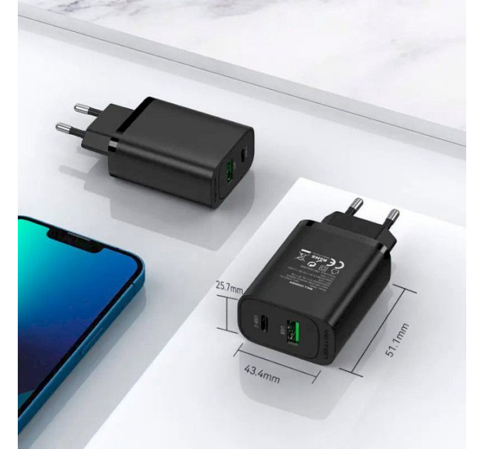Зарядное устройство VENTION 2xUSB 38W (USB-C+USB-A) PD+QC3.0 black (FBIB0-EU)