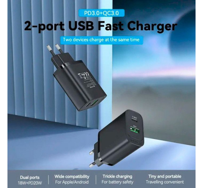Зарядное устройство VENTION 2xUSB 38W (USB-C+USB-A) PD+QC3.0 black (FBIB0-EU)