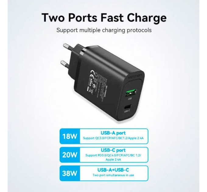 Зарядное устройство VENTION 2xUSB 38W (USB-C+USB-A) PD+QC3.0 black (FBIB0-EU)