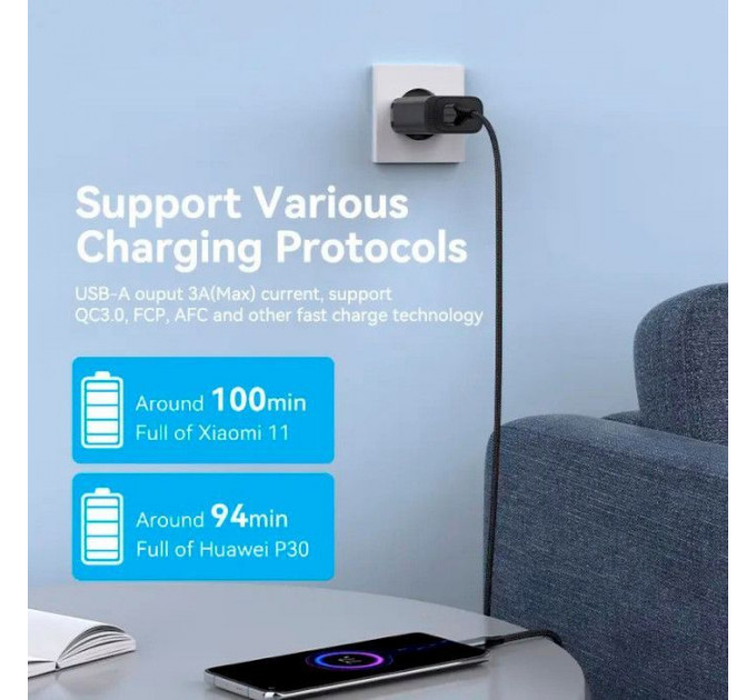 Зарядное устройство VENTION 2xUSB 38W (USB-C+USB-A) PD+QC3.0 black (FBIB0-EU)