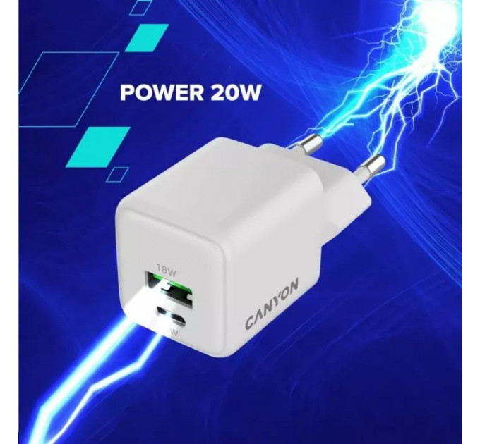 Зарядное устройство для Canyon CU20AC GaN 20W 1xPD 1xQC EU White (CNS-CUW20AC)