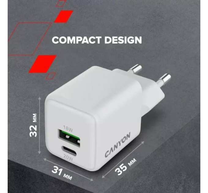 Зарядное устройство для Canyon CU20AC GaN 20W 1xPD 1xQC EU White (CNS-CUW20AC)