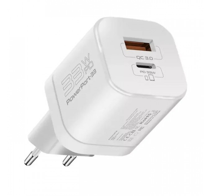 Зарядний пристрій Promate 33W USB-C + USB-A (powerport-33.white)