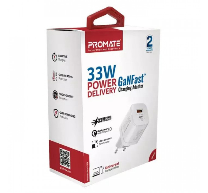 Зарядний пристрій Promate 33W USB-C + USB-A (powerport-33.white)