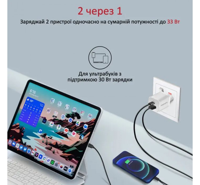 Зарядний пристрій Promate 33W USB-C + USB-A (powerport-33.white)