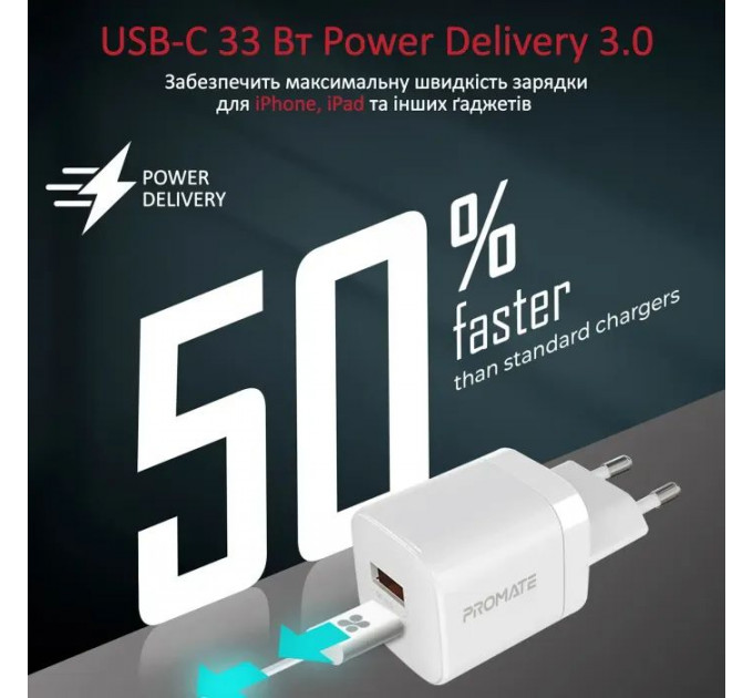 Зарядний пристрій Promate 33W USB-C + USB-A (powerport-33.white)
