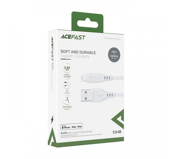 Дата кабель USB 2.0 AM to Lightning 1.2m 2.4A TPE C3-02 White Acefast (6974316280835)