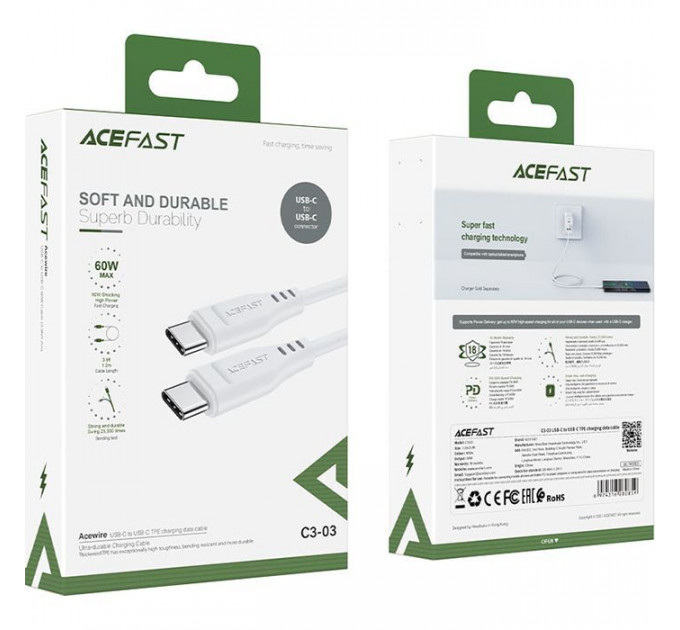 Дата кабель USB-C to USB-C 1.2m 3A TPE C3-03 White Acefast (6974316280859)