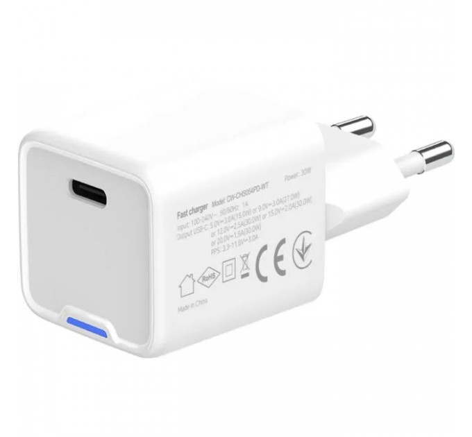 Зарядний пристрій ColorWay GaN Mini 30W PD Port PPS USB-C white (CW-CHS054PD-WT)