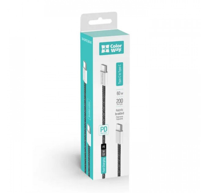 Дата кабеля USB-C to USB-C 2.0м (PDF Fast Charging 60W) 3.0А black ColorWay (CW-CBPDCC068-BK)