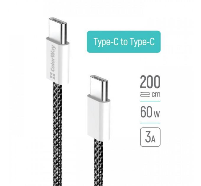 Дата кабеля USB-C to USB-C 2.0м (PDF Fast Charging 60W) 3.0А black ColorWay (CW-CBPDCC068-BK)