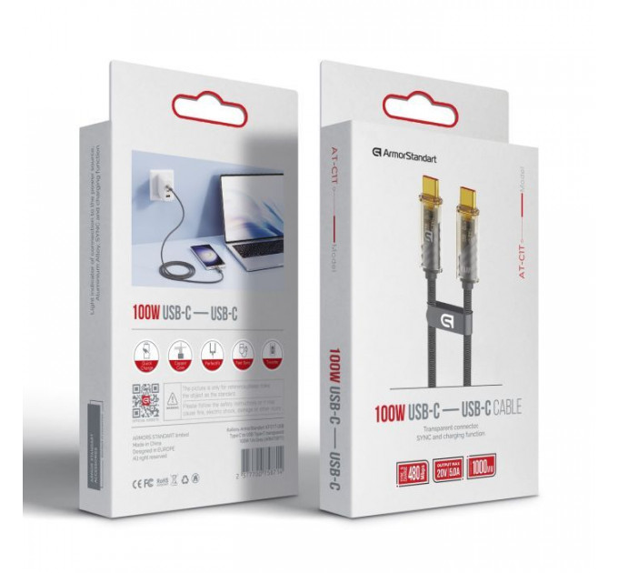 Дата кабель USB-C to USB-C 1.0m transparent 100W grey Armorstandart (ARM75871)