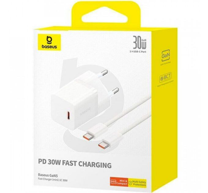 Зарядний пристрій Baseus GaN5 Fast Charger USB-C 30W + Cable 1.0m Type-C 100W white (P10110902213-00)