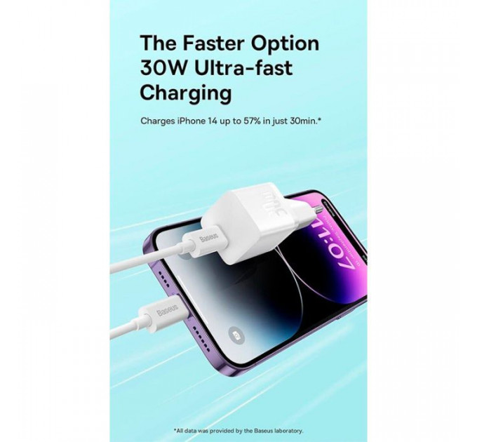 Зарядний пристрій Baseus GaN5 Fast Charger USB-C 30W + Cable 1.0m Type-C 100W white (P10110902213-00)